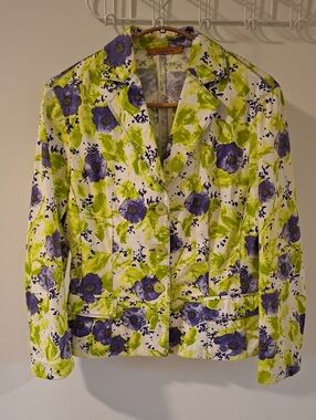 D. Exterior Luxury Purple & Chartreuse Floral Print Summer Blazer (Size US 4-6)